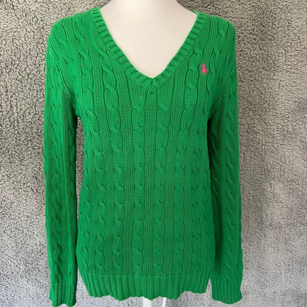 Vintage Ralph Lauren Sport Cable Knit Sweater Green Pink Pony Cotton Y2K